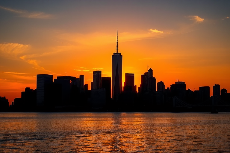 Generate a high-resolution image of a silhouette of a city skyline against a sunset background, using a DSLR camera with a 50mm lens, aperture f/2.8, ISO 100, shutter speed 1/250s, in landscape orientation and HDR style for enhanced details.