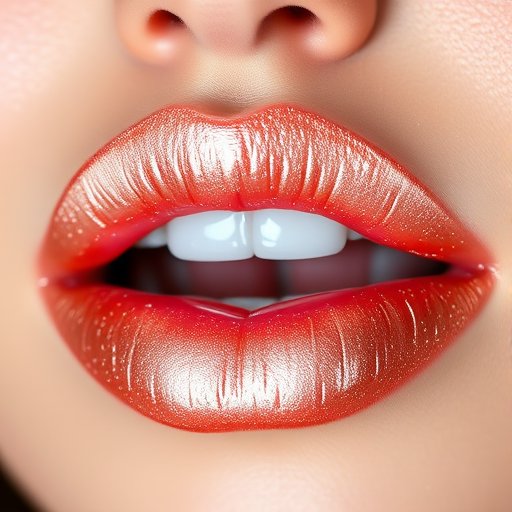 Shimmering rose gold metallic lips with a holographic sheen and multidimensional sparkle, named "Celestial Champagne Kiss"