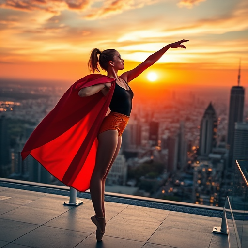 Create an image of a superhero ballet dancer in a dynamic pose wearing a colorful cape, overlooking a vibrant city skyline at sunset, using a Canon EOS R5 with a 24-70mm lens at f/8, ISO 100, 1/200s, and a wide-angle perspective for enhanced depth and clarity.