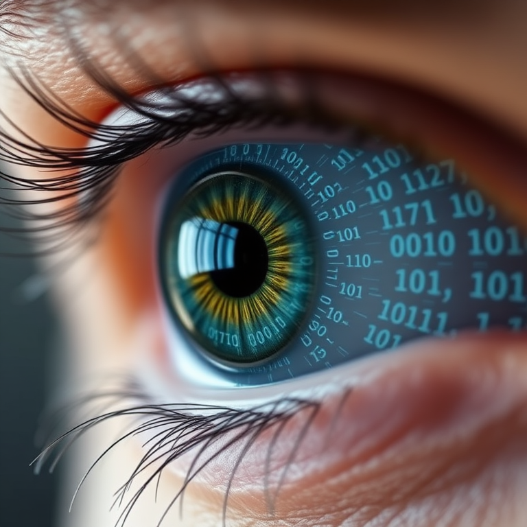 Create a close-up image of a human eye with intricate digital overlays featuring binary code, using a 50mm lens, f/1.8 aperture, ISO 100, 1/200 sec shutter speed, in natural light, with a soft focus on the background and high detail in the eye.