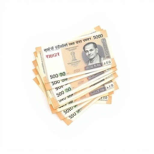 Create a high-resolution image of multiple Indian 500 rupee notes stacked neatly on a white background, shot with a DSLR camera at f/8 aperture, ISO 100, 50mm lens, top-down view, with soft lighting to enhance details.