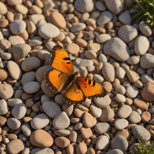 A vibrant orange and yellow butterfly with black markings is perched on a bed of small, brown pebbles in the warm, golden light of a setting sun. The butterfly is facing the viewer with its wings slightly raised, creating a sense of delicate movement. The background is a soft, blurred green and yellow, creating a gentle, natural atmosphere. The image is captured in a close-up perspective, focusing on the butterfly's intricate details and the warm glow of the sunlight.