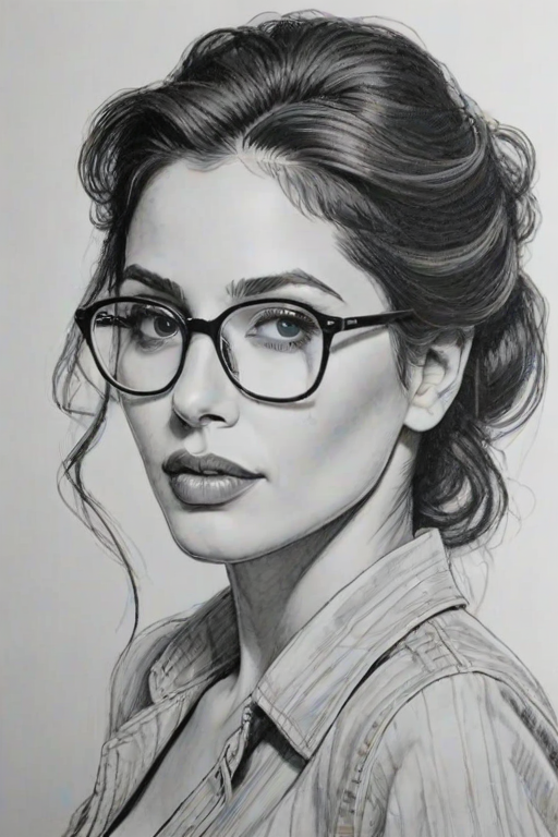 Graceful Sarah Shahi, pencil sketch, portrait of Bewitching woman 1939s in glasses, hair style beatnik, outline, clear lines, fine lines, 8k
