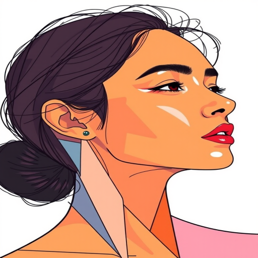 Create an abstract line art portrait of a woman's profile with colorful geometric shapes in soft pastel colors, shot with a Canon EOS R5 at f/2.8, ISO 100, 50mm lens, in natural light for enhanced clarity and detail.