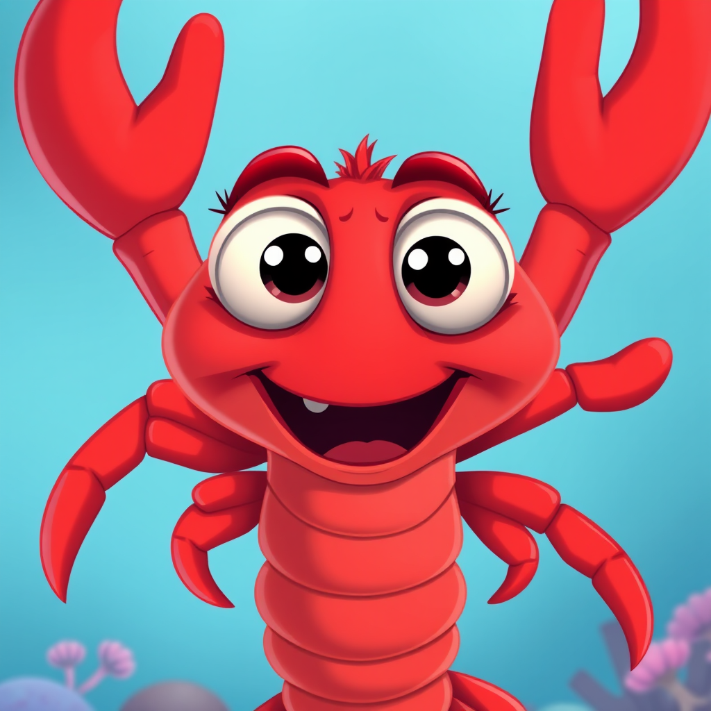 Create a vibrant cartoon illustration of a cheerful red lobster with large expressive eyes, set against a soft blue underwater background, captured in high resolution with a Canon EOS R5, 85mm f/1.2 lens, f/4 aperture, and natural lighting for enhanced colors and details.