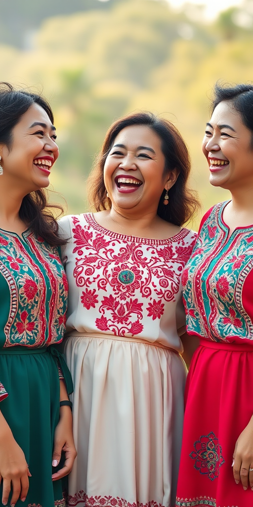 Regenerate an image of four women in traditional embroidered dresses laughing and enjoying each other's company, captured with a Canon EOS R5, 50mm f/1.2 lens, natural light, shallow depth of field, soft focus background.