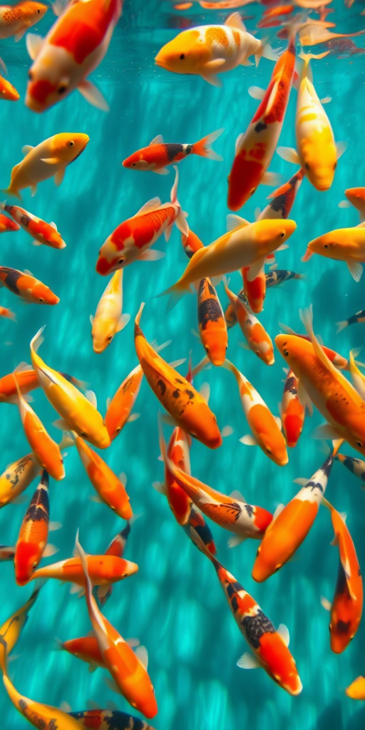 A vibrant underwater scene filled with orange, yellow, and black koi fish swimming in clear water, captured with a Canon EOS 5D Mark IV, 50mm lens, f/8 aperture, ISO 400, and a shallow depth of field for enhanced clarity and color saturation.