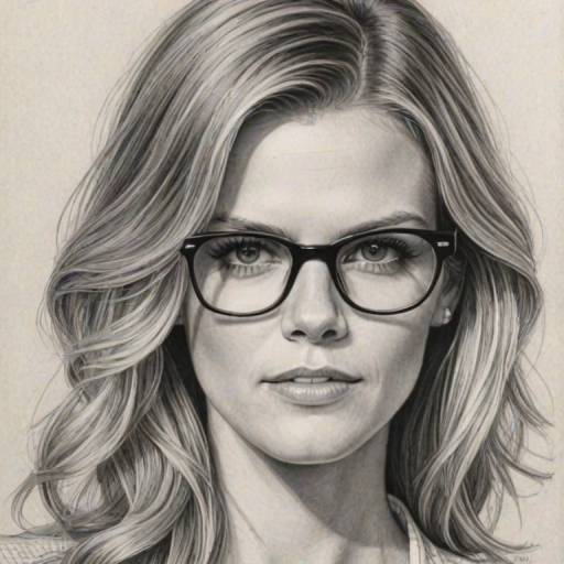 Magnificent Brooklyn Decker, pencil sketch, portrait of Dazzling woman 1973s in glasses, hair style beatnik, outline, clear lines, fine lines, 8k