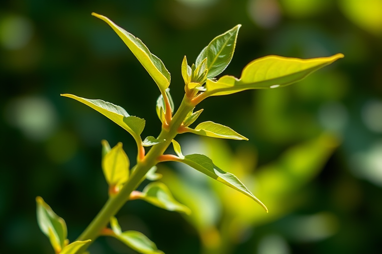 Create a detailed illustration of a green plant stem with vibrant leaves, natural lighting, shallow depth of field, captured with a DSLR camera, 50mm lens, f/2.8, ISO 100, 1/200s shutter speed.