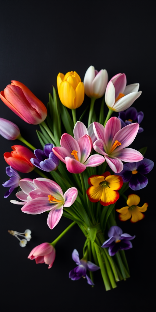 Create a vibrant bouquet of tulips, crocuses, and pansies arranged artistically on a black background using a DSLR camera with a 50mm lens, aperture set to f/2.8, ISO 100, shot from a low angle to enhance depth of field and detail.