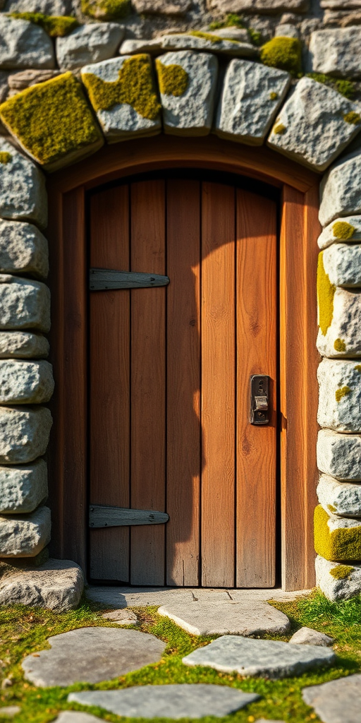 regenerate an ancient wooden door set in a stone wall with moss accents taken with a Nikon D850, 35mm lens, f/8 aperture, ISO 100, natural light, depth of field focused on the door while blurring the background
