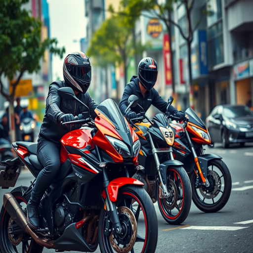 urban street scene with two riders on sport motorcycles, one in black leather and one in a helmet, vibrant colors, shallow depth of field, shot with a DSLR camera at f/2.8, ISO 200, 50mm lens, natural lighting, dynamic angle from slightly above to capture action and environment.