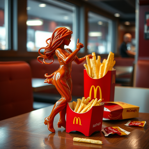 A hyperdetailed image of a woman made entirely of ketchup dancing with a stick figure man made of french fries, placed on a table at a McDonald's restaurant. Add a McDonald's french fry box and some open, empty ketchup packets to the table.
