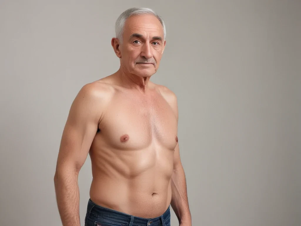shirtless old man