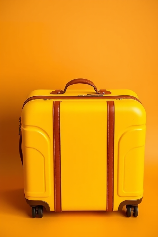 Create a high-resolution image of a modern yellow suitcase with brown straps, using a DSLR camera at f/2.8 aperture, ISO 100, shutter speed 1/60, in a soft focus studio setup with a warm gradient background, capturing a top-down view to emphasize its design and texture.