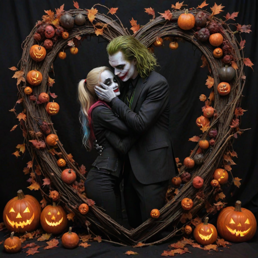 The Joker, neat, wearing a black suit and a beautiful Harley Quinn with long hair, both romantic, hugging and cuddling in the middle of a neon linen black heart frame decorated with dead leaves, bats, and small pumpkins, with a label at the bottom that reads 'Mad Love' made of linen, in a photo realistic style.