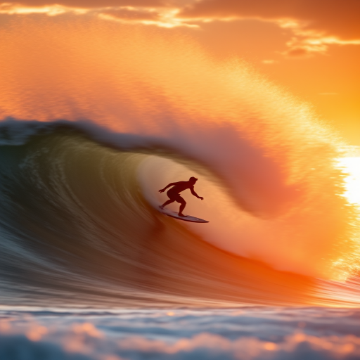 Blurry action shot of a surfer riding a massive wave at sunset, soft focus on the crashing water, with the warm glow of the setting sun illuminating the ocean spray.