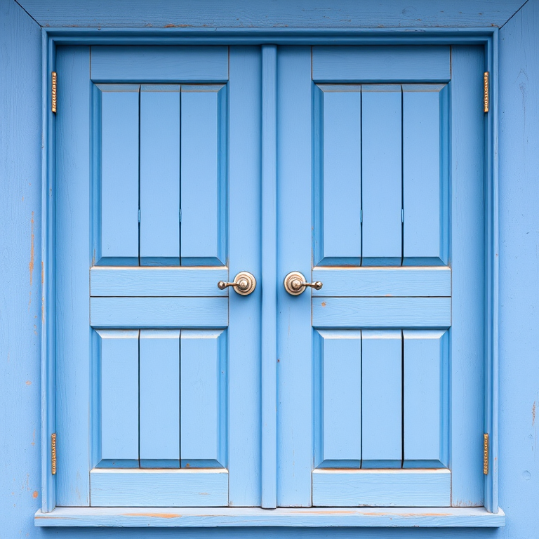 regenerate an image of a blue wooden window with two panels and round handles, high resolution, 50mm lens, f/1.8 aperture, natural lighting, front view, digital photography, DSLR camera