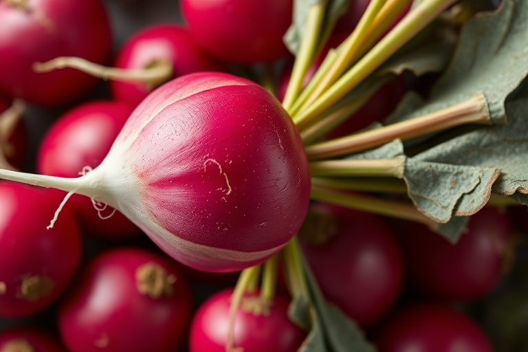 Regenerate a vibrant, high-resolution image of a radish with a glossy finish, using a Canon EOS R5 camera, 50mm lens, f/2.8 aperture, ISO 100, 1/200s shutter speed, top-down view, and soft diffused lighting to enhance clarity and detail.