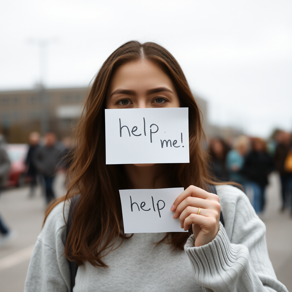 woman holding a note which says "help me"
