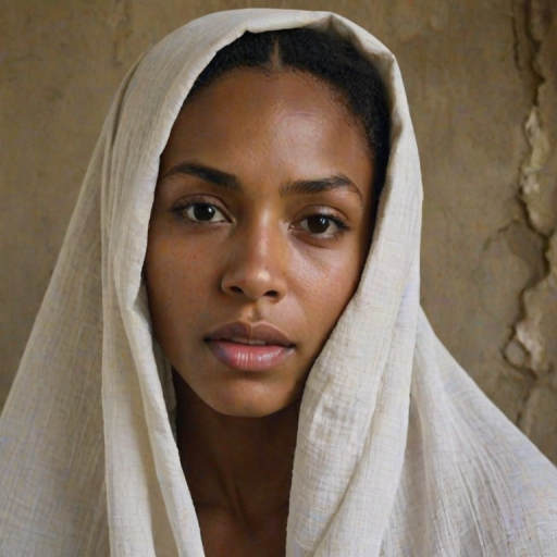 Create a close-up photographic image of a Creole woman with light skin tones shown against an old, worn wall. Their head is wrapped in a white cloth covering (i.e.... parts of the head except the nose and mouth, which are open as if they are screaming...), with a slight texture and visible folds in the fabric. Thin strands of blonde hair escape from the wrapping above, falling lightly at the top and sides. Their hands hold the fabric as if they are tugging nervously. The lighting is dramatic and even, casting strong shadows. The image has a minimalist and surreal style with an emphasis on simplicity with soft color tones. The composition is centered.