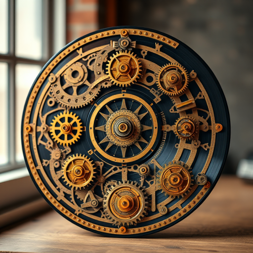 Create an intricate steampunk-inspired vinyl record featuring golden gears and mechanical designs, shot with a Canon EOS R5, 50mm lens, f/1.8 aperture, ISO 100, in a well-lit studio setting with soft diffused lighting for enhanced detail and depth.