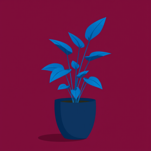 A minimalist illustration of a potted plant with vibrant blue leaves in a dark navy pot against a rich maroon background, captured with a Canon EOS R5, 50mm lens, f/1.8 aperture, ISO 100, soft focus style for enhanced visual quality and depth.