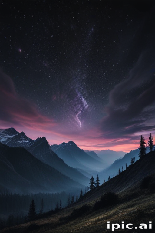 Majestic Mountains Under a Starry Sky with Vibrant Twilight Colors