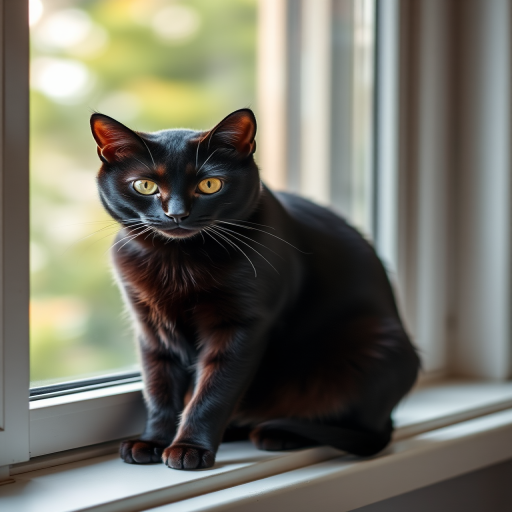 Create a high-resolution image of a sleek black cat sitting gracefully on a windowsill, captured with a DSLR camera at f/2.8 aperture, ISO 200, 50mm lens, in natural light with a soft focus background to enhance depth of field.
