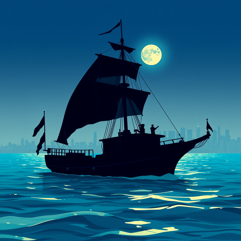 Create an illustration of a silhouette of a vintage ship on a serene turquoise sea with a city skyline in the background, including a bright full moon, using a digital art style, simulated with a Canon EOS R5, 50mm lens, f/2.8, ISO 100, focusing on vibrant colors and sharp contrasts.