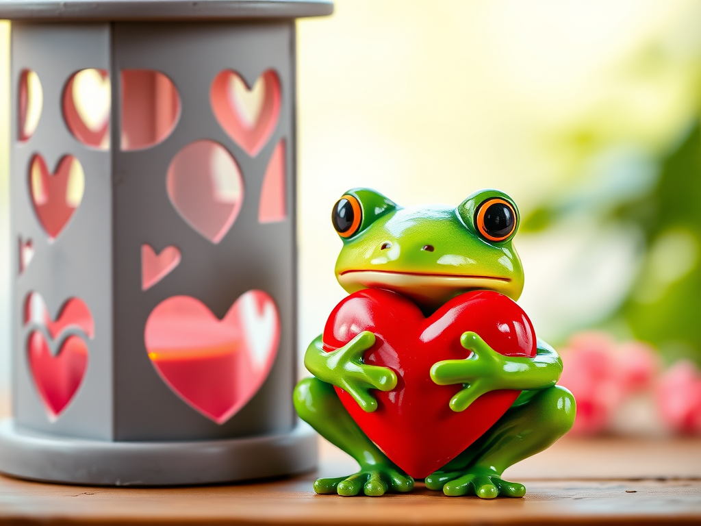 A vibrant green frog figurine holding a red heart next to a decorative gray lantern with heart cutouts, softly blurred background, taken with a DSLR camera, 50mm lens, f/2.8 aperture, ISO 100, natural light, vibrant colors.