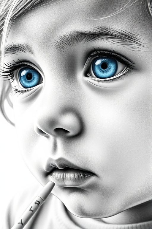 A hyperdetailed photorealistic black and white sketch of a beautiful toddler with deep cyan eyes, with a macro focus