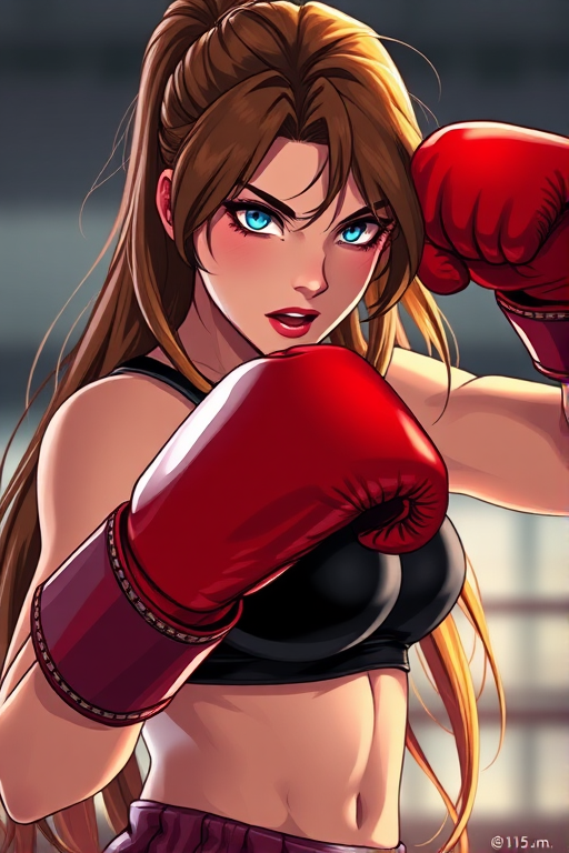 Create a high-resolution illustration of a strong female boxer with long hair, wearing red gloves and a black sports bra, facing the viewer with a determined expression, use a Canon EOS R5 with a 50mm f/1.2 lens, 1/200 second exposure, f/1.8 aperture, ISO 100, natural lighting with a soft focus background.