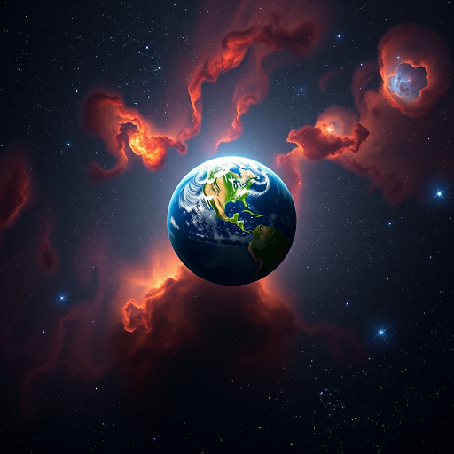 Generate a cosmic scene featuring Earth at the center, surrounded by vibrant nebulae and stars, with a high dynamic range, 50mm lens, f/8 aperture, ISO 100, using a DSLR camera for enhanced clarity and detail.