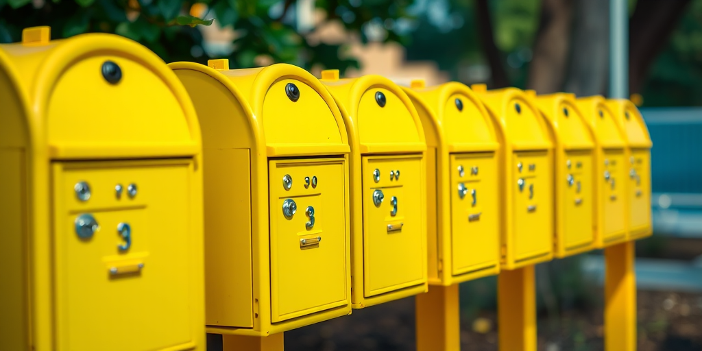 Create a high-resolution image of multiple yellow mailboxes arranged in a row, captured with a Canon EOS R5, 50mm lens, aperture f/2.8, ISO 100, at a 45-degree angle view, using soft natural lighting to enhance color vibrancy and detail.