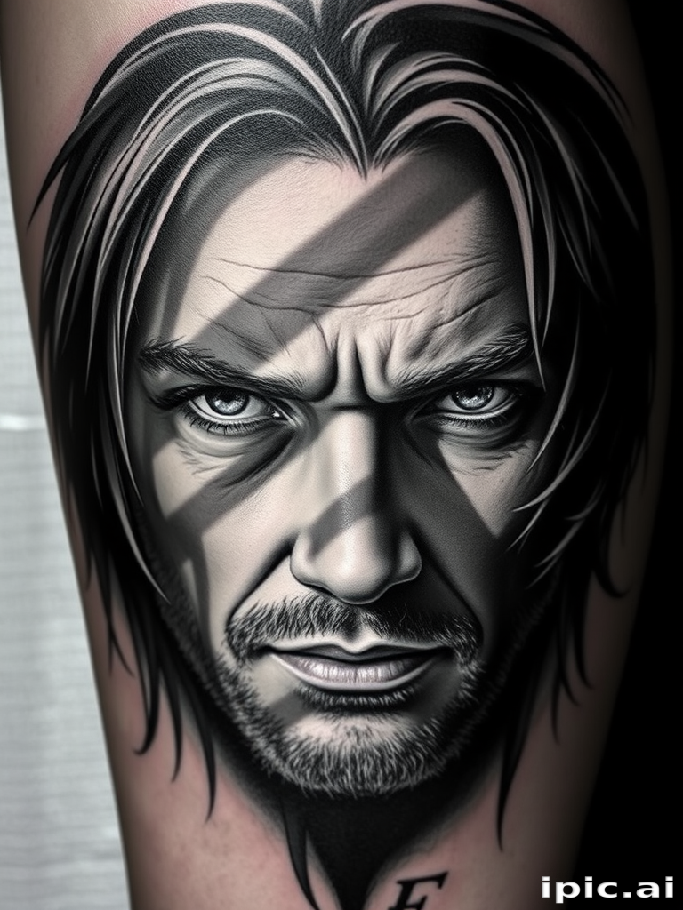Realistic black and grey tattoo titled "Shadows and Light" showcasing exceptional shading and contrast to create a hyper-detailed portrait with dramatic lighting effects