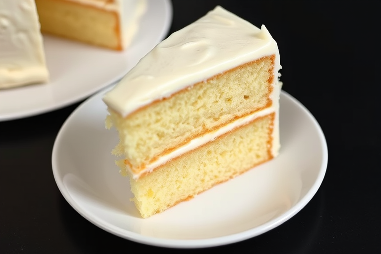 A slice of vanilla cake with white frosting on a white plate showcasing a moist texture and layers of frosting between the cake layers, with a simple and elegant presentation on a dark background.