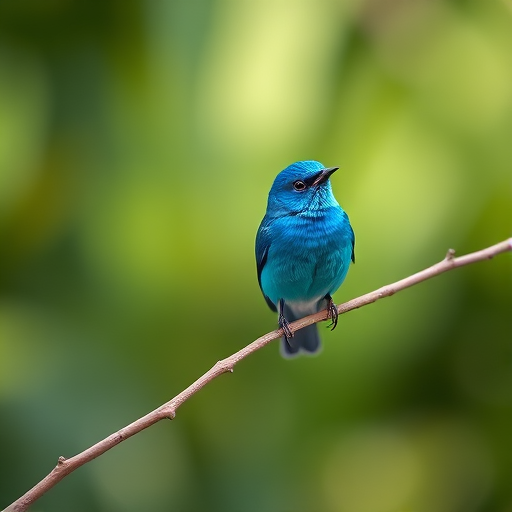 capture a vibrant blue bird perched on a thin branch with a soft blurred green background, use a Canon EOS R5, 200mm lens, aperture f/4, shutter speed 1/500s, ISO 400, natural light, focus on the bird with a slight bokeh effect