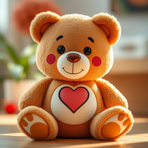 Create a high-resolution image of a cute cartoon teddy bear with a heart on its tummy, soft lines, and a friendly expression, captured with a Canon EOS R5, 50mm lens, f/1.8 aperture, natural light, and a shallow depth of field for a blurred background effect.