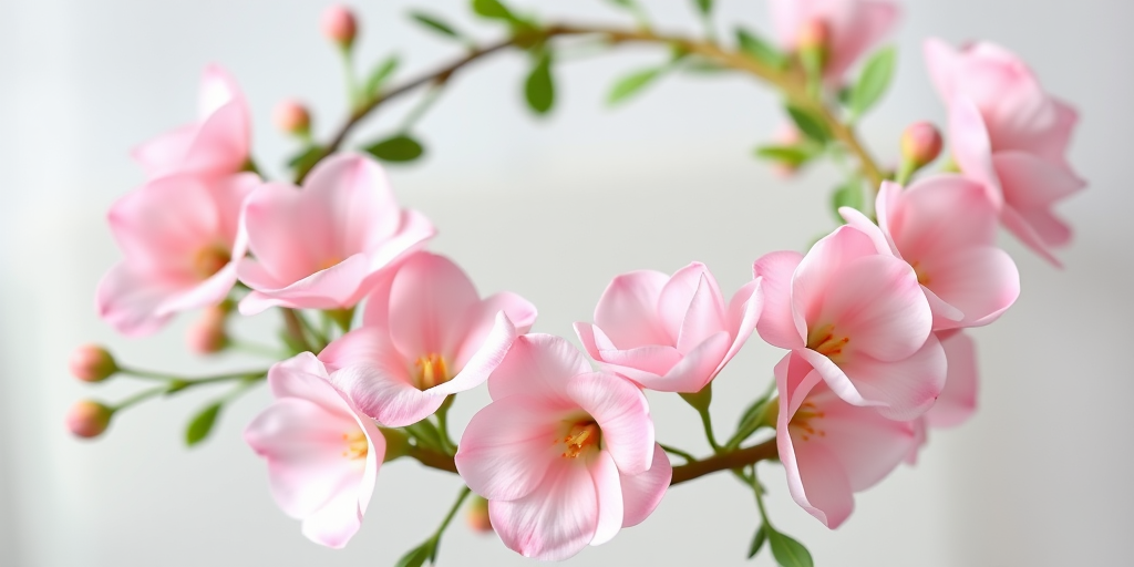 Create a circular floral wreath with soft pink flowers against a transparent background, captured with a DSLR camera at f/2.8 aperture, 50mm lens, and a shallow depth of field for enhanced focus on the flowers.
