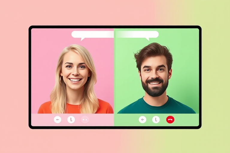 Generate a digital illustration of two video call screens side by side, showing a blonde woman on a pink background and a brown-haired man on a green background, with chat bubbles above their heads, in high resolution, using a Canon EOS R5 camera, 50mm lens, f/1.8 aperture, 1/125s shutter speed, vibrant colors and sharp details.