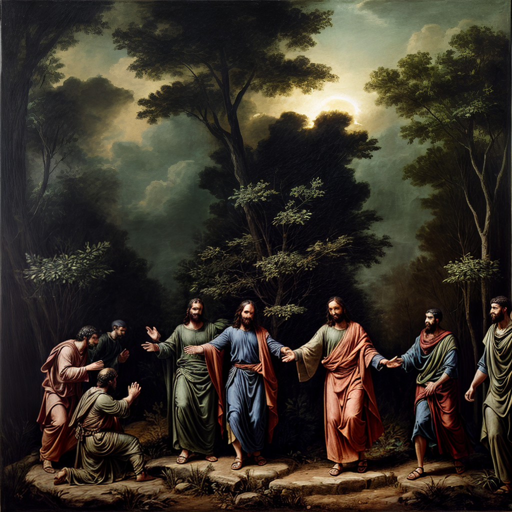 Oil painting of Jesus being arrested by roman soldiers in the forest in the night
