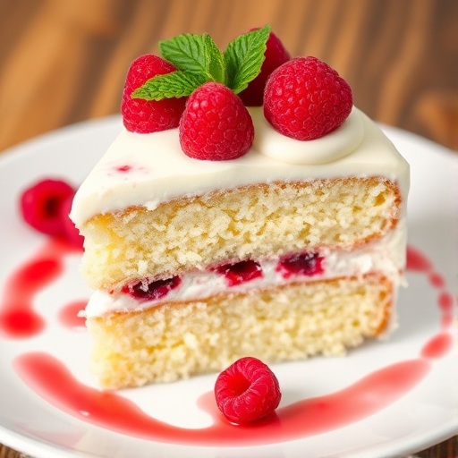 A slice of raspberry coconut cake with creamy white frosting topped with fresh raspberries and mint leaves served on a white plate with raspberry sauce around it showcasing the layered texture and vibrant colors of the dessert.