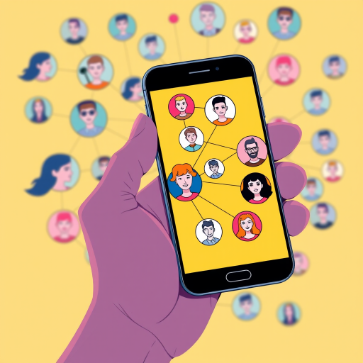 Create a vibrant illustration depicting a hand holding a smartphone with a network of diverse user avatars connected by lines in a bright yellow background, using a Canon EOS R5 with a 24-70mm f/2.8 lens, aperture set to f/4, ISO 100, and a focal length of 50mm for enhanced clarity and depth.