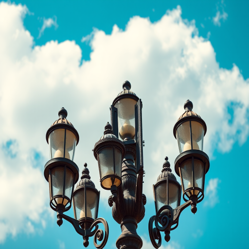 Generate a high-resolution image of an ornate street lamp with five glass lanterns, set against a bright blue sky with fluffy white clouds, captured with a DSLR camera, 50mm lens, f/2.8 aperture, 1/200s shutter speed, ISO 100, natural lighting.