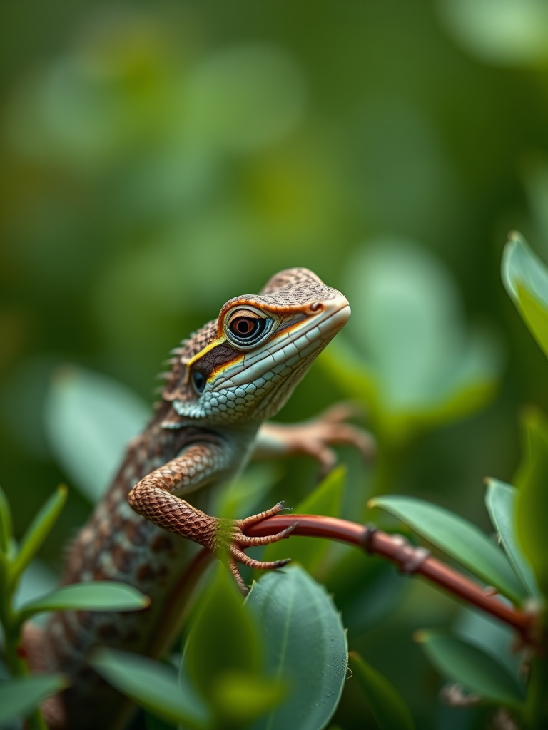 Close-up shot of a lizard perched on green foliage, using a Canon EOS R5 camera with a 100mm f/2.8 macro lens, aperture set to f/2.8, ISO 100, shutter speed 1/200, with a shallow depth of field for a blurred background effect.