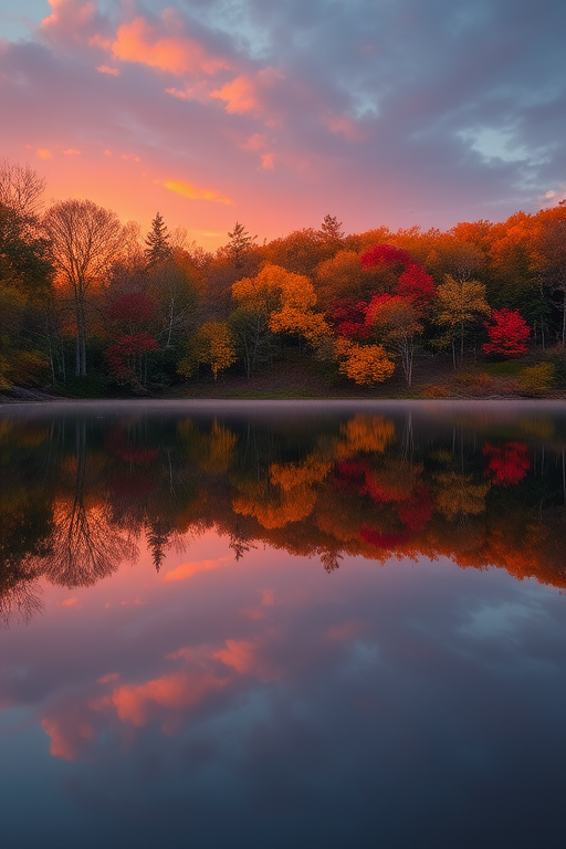 autumn landscape with colorful trees reflecting on a still lake at sunset, shot with a DSLR camera, 24mm lens, f/11 aperture, ISO 100, 1/60s shutter speed, wide angle view, natural light