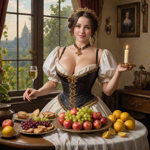 intricate details, masterpiece, best quality full body photo of insanely sensual woman, textured skin, blue eyes, (large natural breasts:1.1), cleavage, (holding a golden platter with grapes, apples, lemon, orange slice:1.1), glasses of champagne, glasses of wines, tan lines, smiling, victorian, corset, tail, black hair, bread, breasts, brown hair, candle, cleavage, dress, fire, food, gloves, grapes, indoors, large breasts, lips, looking at viewer, maid, maid headdress,  pancake, puffy sleeves,  short hair, solo, table,  window