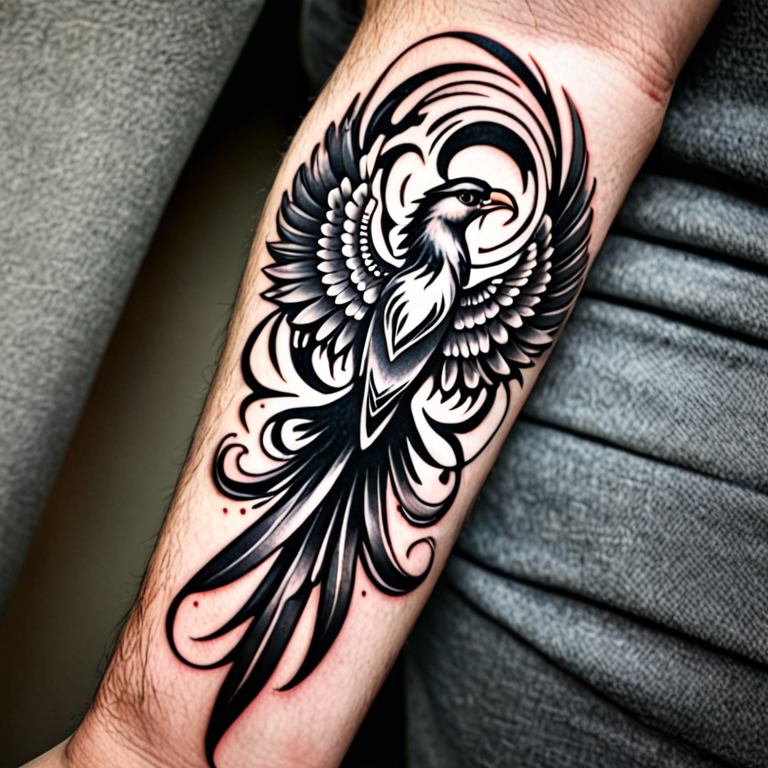chaos of a phoenix forearm black and grey tattoo