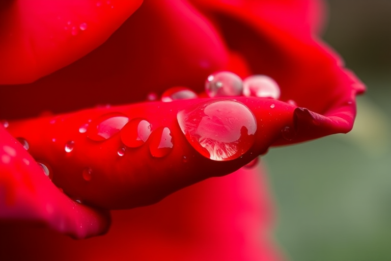 Close-up of a red rose petal with water droplets, shallow depth of field, soft bokeh background, taken with a DSLR camera, 100mm macro lens, aperture f/2.8, ISO 100, shutter speed 1/200 sec, natural light.